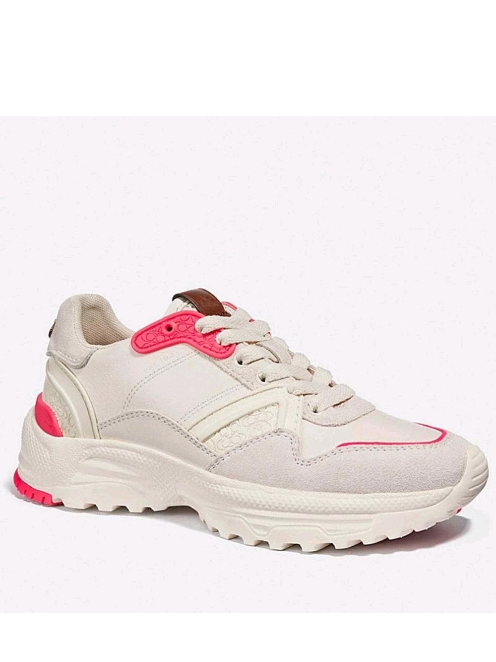 Coach C143 Women's White Sneaker with Pink Accents and Suede Trim